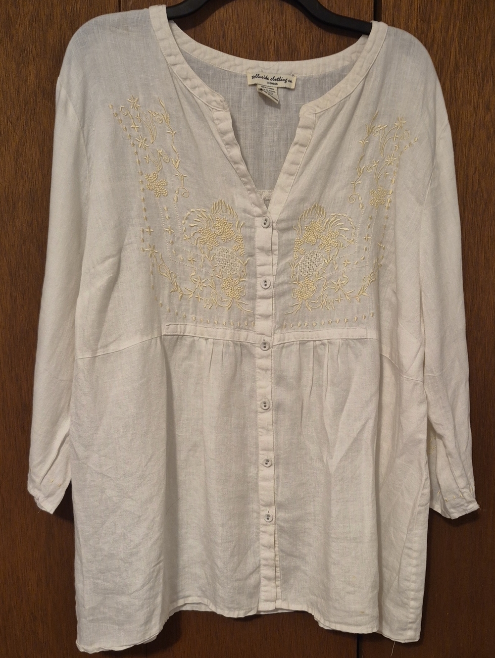 Telluride Clothing Co. Boho Embroidered Button-Front Women’s Top — Cream SZ 2X